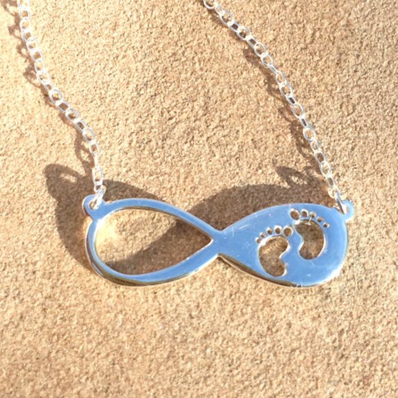 Sterling Silver Infinity Footsteps Necklace Baby Footprints .925 - Picture 6 of 16